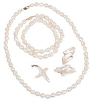 Fine Collection of Freshwater Pearl Jewelry: Two Necklaces, Cross Pendant and Stylish Earrings Mounted in 14K Yellow Gol