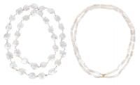 Freshwater Coin Pearl Necklace 46" in Length and Freshwater Biwa Pearl Necklace, Double Strand with 14K Yellow Gold Clas