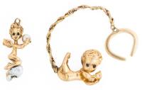 Two 14K Yellow Gold Cherubs: A Pendant Of a Cherub Holding a Pearl, The Other is on a 14K Yellow Gold Chain