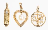 Three Lovely 14K Yellow Gold Pendants: Excellent Tree of Life, a Heart Shaped Pendant with Pearl and a Beautiful Mezuzah