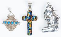 Three Sterling Silver Pendants: Antique Filigree with Enamel, A Teddy Bear and a Very Striking Enamel Cross