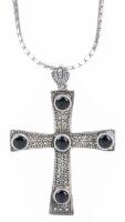 Handsome Cross in Sterling Silver with Onyx Cabochons Suspended from a Sterling Silver Chain