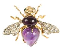 Beautiful Honeybee Pin with Amethyst Body, Diamond Wings and Emerald Eyes Cast in 18K Yellow and White Gold