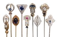 Nine Fine Antique Stick Pins in 14K White or Yellow Gold Topped with a Variety of Diamonds, Sapphires, Rubies and Amethy