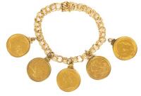 Impressive Ladies 14K Yellow Gold Bracelet with Four 22K Gold British Sovereigns, Queen Victoria