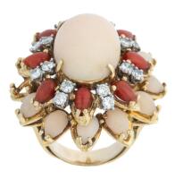 Ladies Stellar 18K Yellow Gold Cluster Ring in Coral, Carnelian and 8 Pairs of Accent Diamonds.