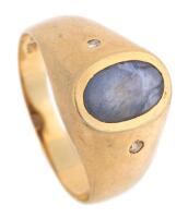Men's Sapphire Cabochon Ring in 14K Yellow Gold with Two Accent Diamonds