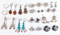 Fourteen Pairs of Ladies Sterling Silver Earrings in a Wide Variety of Style including Native American Pieces.
