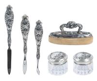 Antique Art Nouveau Style Sterling Silver Manicure Set with Two Sterling Silver Lidded Pots