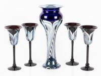Monumental Correia Vase Pulled Feather Art Glass and Four Goblets in Silver and Cobalt Blue, Retired