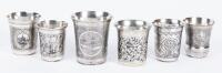 Six Large Russian Kiddush Cups, All 84 Silver Each Having Wonderful Engravings and Five with Expert Niello Inlays.