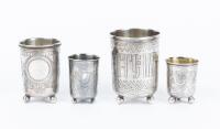 Four 19th Century 84 Silver Footed Kiddush Cups all with Fine Engravings one Especially Unique