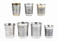 Collection of Unusual Russian Kiddush/Vodka Cups Having Interesting or Unusual Engravings and Niello Inlays