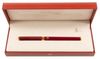 S. T. Thomas Cartridge Fountain Pen with 18K Yellow Gold Nib and Red Chinese Lacquer Barrel, 1991. Original Box, Papers