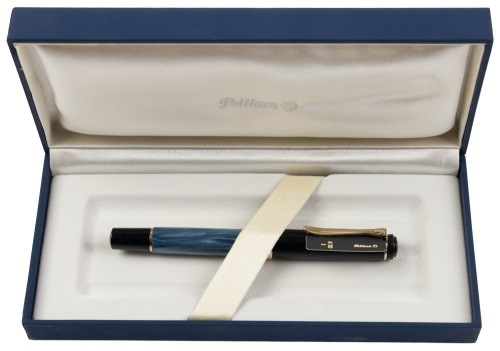 Pelikan M200 Blue Marbled Fountain Pen Broad Gold Plated Steel Nib