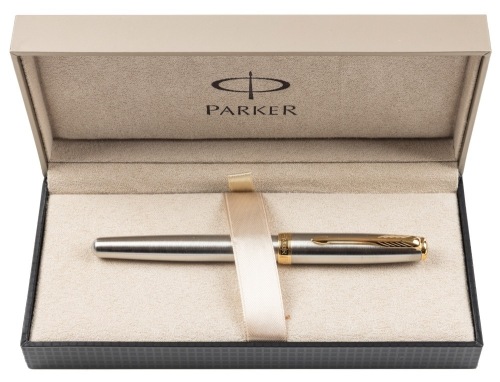 Parker Sonnet Stainless Steel Gold Trim Fountain Pen Medium Nib