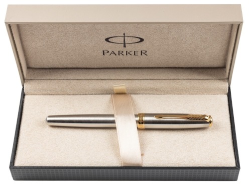Parker Sonnet Stainless Steel Gold Trim Fountain Pen Medium Nib
