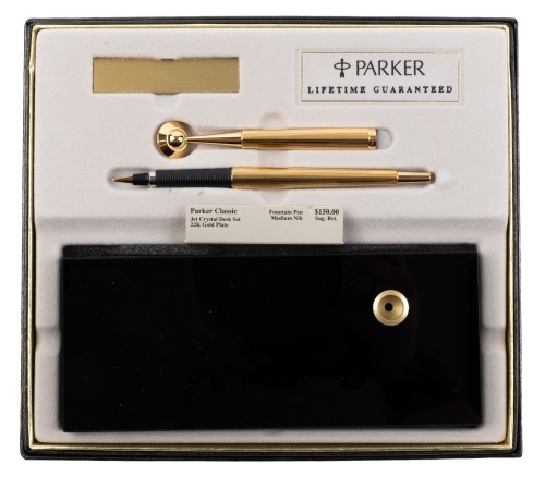 Parker Classic Jet Crystal Desk Set 22k Gold Plate Fountain Pen Medium Nib