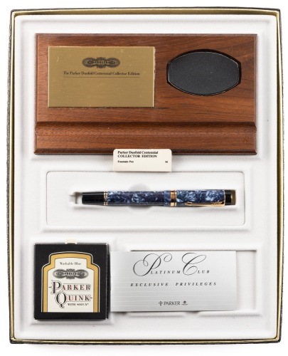 Parker Duofold Centennial Collectors Edition Desk Set Marbled Blue Fountain Pen Medium Nib