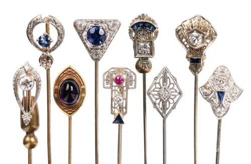 Nine Fine Antique Stick Pins in 14K White or Yellow Gold Topped with a Variety of Diamonds, Sapphires, Rubies and Amethy