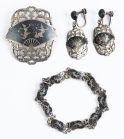 Vintage Siamese Sterling Silver Filigree and Niello Ensemble Including Bracelet, Earrings and Brooch