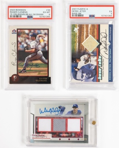 Three Signed Baseball Cards Two with Swatches: Derek Jeeter, Walker Buehler and Roger Clemens