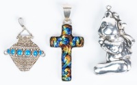 Three Sterling Silver Pendants: Antique Filigree with Enamel, A Teddy Bear and a Very Striking Enamel Cross