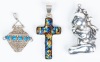 Three Sterling Silver Pendants: Antique Filigree with Enamel, A Teddy Bear and a Very Striking Enamel Cross