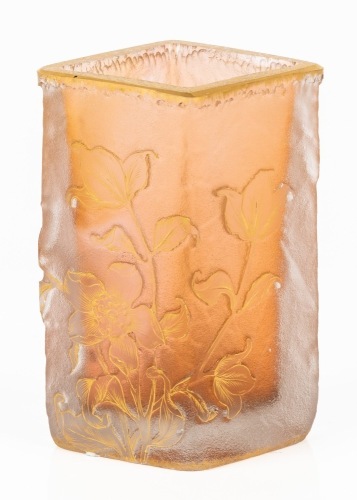 Unusual Diamond Shaped, Small Glass Daum Nancy Vase in Pinkish Grey, Acid Etched and Cameo Cut Flowers, Gilded Enamel Si
