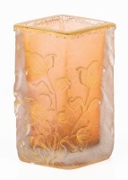 Unusual Diamond Shaped, Small Glass Daum Nancy Vase in Pinkish Grey, Acid Etched and Cameo Cut Flowers, Gilded Enamel Si