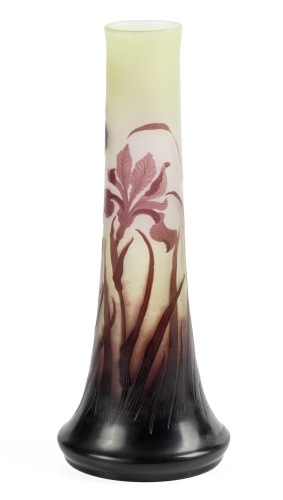 Very Impressive Tall Vase by Gall&Atilde;&copy;. Three Layers Cameo Carved Glass, Purple Irises