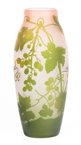 &Atilde;&permil;mile Gall&Atilde;&copy; Vase with Cut Cameo Glass Vines and Grapes Achieved Through Two Overlays.