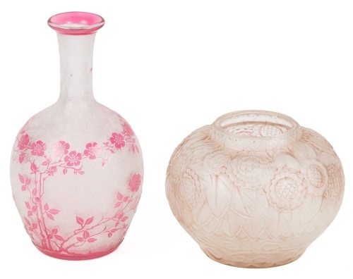 Two Lovely Vases: Val St. Lambert French Cameo Glass and Mold Shaped French Glass in Shades of Pink by Hunnebelle
