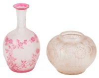 Two Lovely Vases: Val St. Lambert French Cameo Glass and Mold Shaped French Glass in Shades of Pink by Hunnebelle