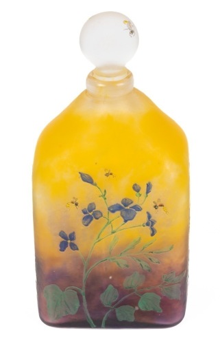 Outstanding Daum Nancy Acid Etched Cameo Glass Decanter with Hand Painted Flowers in Enamel and Frosted Glass Stopper