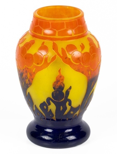 Wild Le Verre Francais Wheel Cut Cameo Glass Vase in Vivid Colors, Art Deco ca. 1925