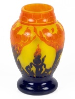 Wild Le Verre Francais Wheel Cut Cameo Glass Vase in Vivid Colors, Art Deco ca. 1925