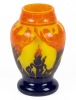 Wild Le Verre Francais Wheel Cut Cameo Glass Vase in Vivid Colors, Art Deco ca. 1925