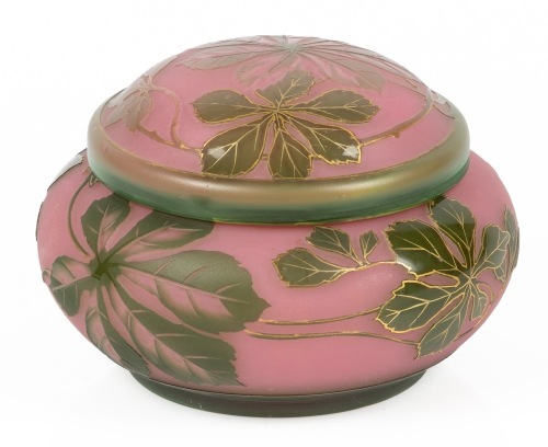 Daum Nancy Beautiful Acid Etched Powder Bowl and Lid with Beautiful Cut and Gilded Green Leaves