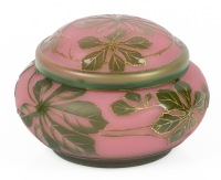 Daum Nancy Beautiful Acid Etched Powder Bowl and Lid with Beautiful Cut and Gilded Green Leaves