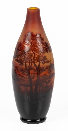 D' Argental Acid Etched Cameo Glass Bottle Vase Boasting a Superior Landscape