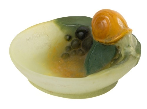 Victor Almaric Walter Nancy w/Henri Berge: Signed Daum P&Atilde;&cent;te de Verre Vide Pouche (Trinket Tray) with a Snail Atop a Vine