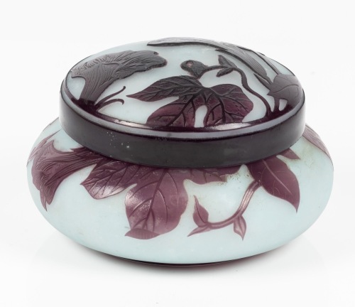 Adelatte (Andr&Atilde;&copy; Delatte) Nancy, Very Fine Cameo Glass Powder Jar in Deep Purple Acid Etched Morning Glories