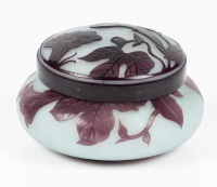 Adelatte (Andr&Atilde;&copy; Delatte) Nancy, Very Fine Cameo Glass Powder Jar in Deep Purple Acid Etched Morning Glories