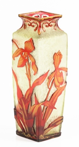 Daum Nancy Square Vase, Deep Wheel Cut Cameo Glass with Gilt Highlights on Bold Slipper Orchid Blossoms.