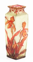 Daum Nancy Square Vase, Deep Wheel Cut Cameo Glass with Gilt Highlights on Bold Slipper Orchid Blossoms.