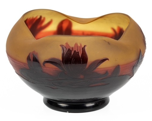 Outstanding D'Argental Three Cornered Cameo Glass Bowl with Water Lilies Acid-Etched and Highly Polished