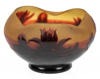 Outstanding D'Argental Three Cornered Cameo Glass Bowl with Water Lilies Acid-Etched and Highly Polished
