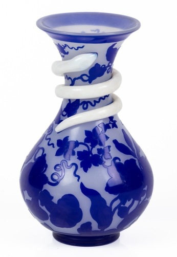 French Cameo Glass Vase in Royal Blue Overlay with Acid Etched Petunias and a Charming Visitor