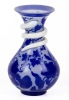 French Cameo Glass Vase in Royal Blue Overlay with Acid Etched Petunias and a Charming Visitor